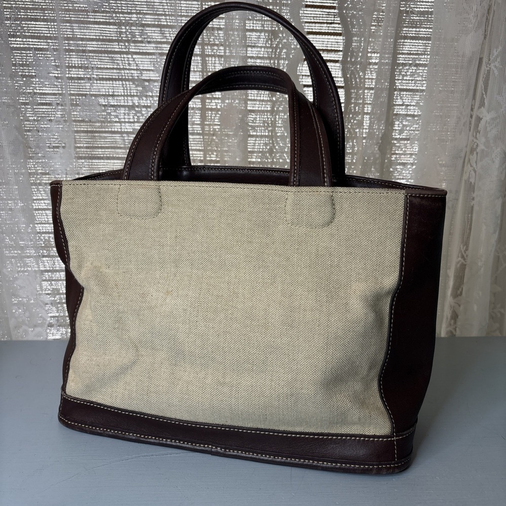 Vintage COACH Mahogany Brown Leather, Bleecker Satchel Linen Canvas 6121 USA 90s